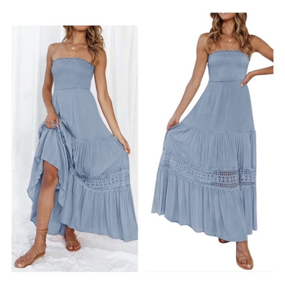 Zesica Bohemia Strapless Off Shoulder Lace XL‎ Trim Flowy A Line Maxi Dress NWT